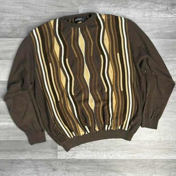 Vintage 90s 3D Knit Brown Striped Crewneck Sweater Size Large - Picture 1 of 5